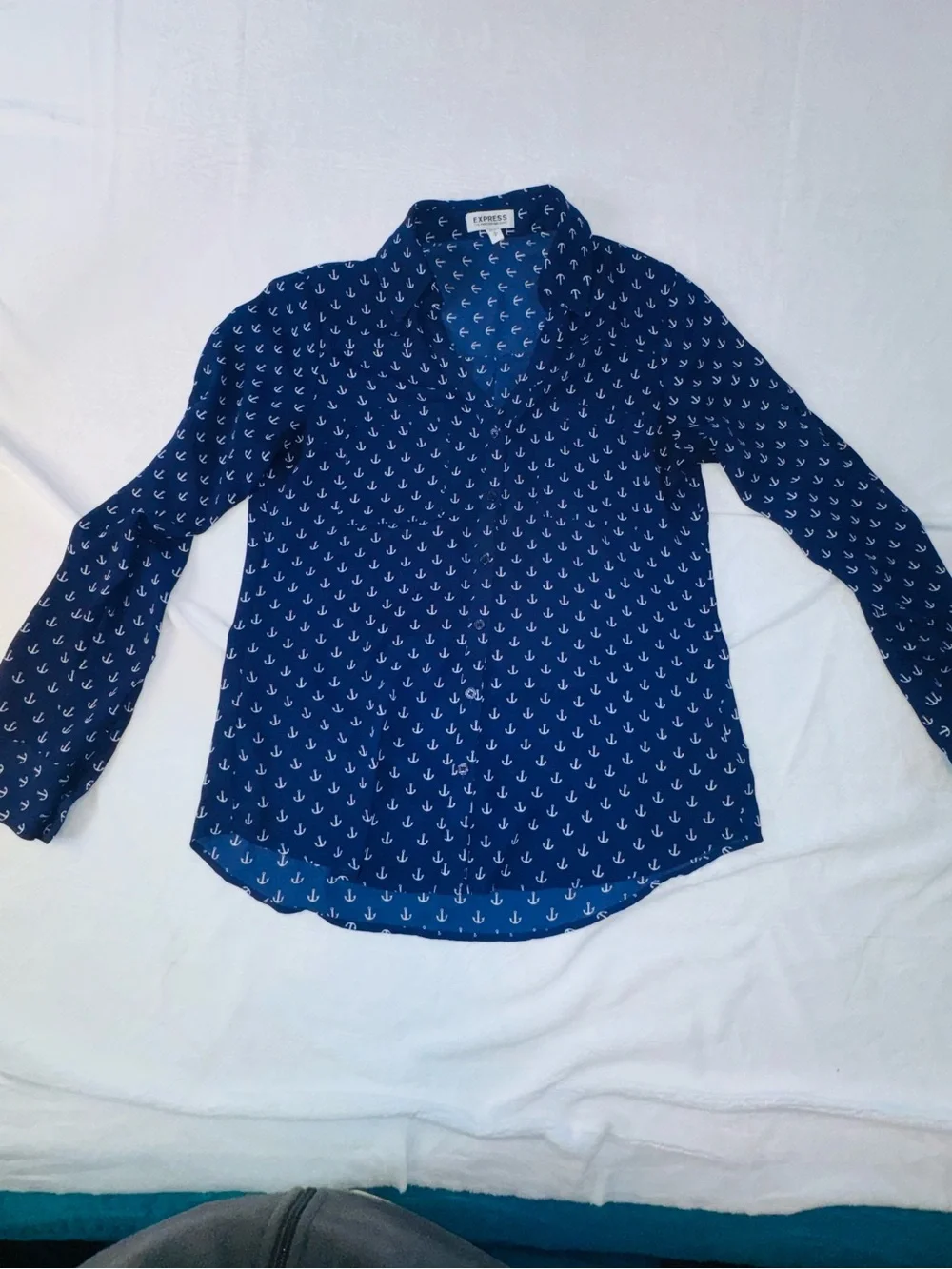 Express Portofino Navy Anchor Print Button Front Blouse Sheer Nautical Small - Picture 4 of 10